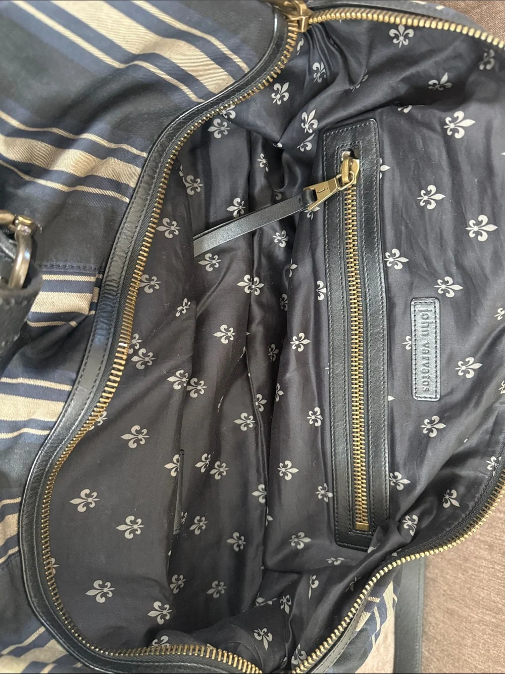 John Varvatos Navy and Tan Striped Leather-Trim Duffel